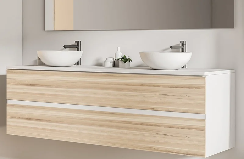 Double wash basins on a bathroom vanity with timber cabinets