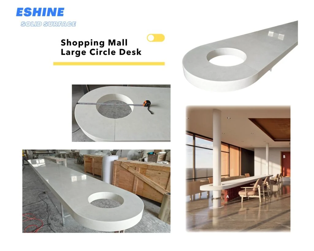 Custom shaped solid surface counter components with workshop and interior references
