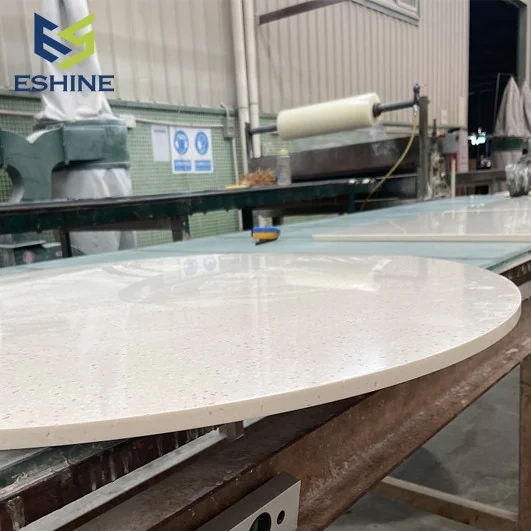 Round solid surface tabletop during workshop finishing