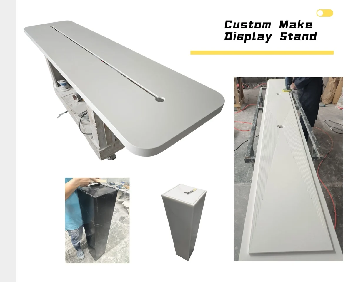 Custom solid surface display stand with finished component and fabrication views