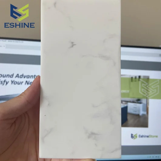 Marble-inspired solid surface sheet sample for wall panel selection