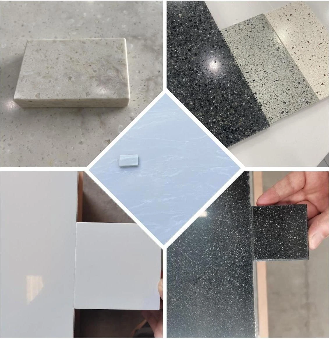 ESHINE custom solid surface collage with a central pale-blue diamond and surrounding plain and particle sheet samples